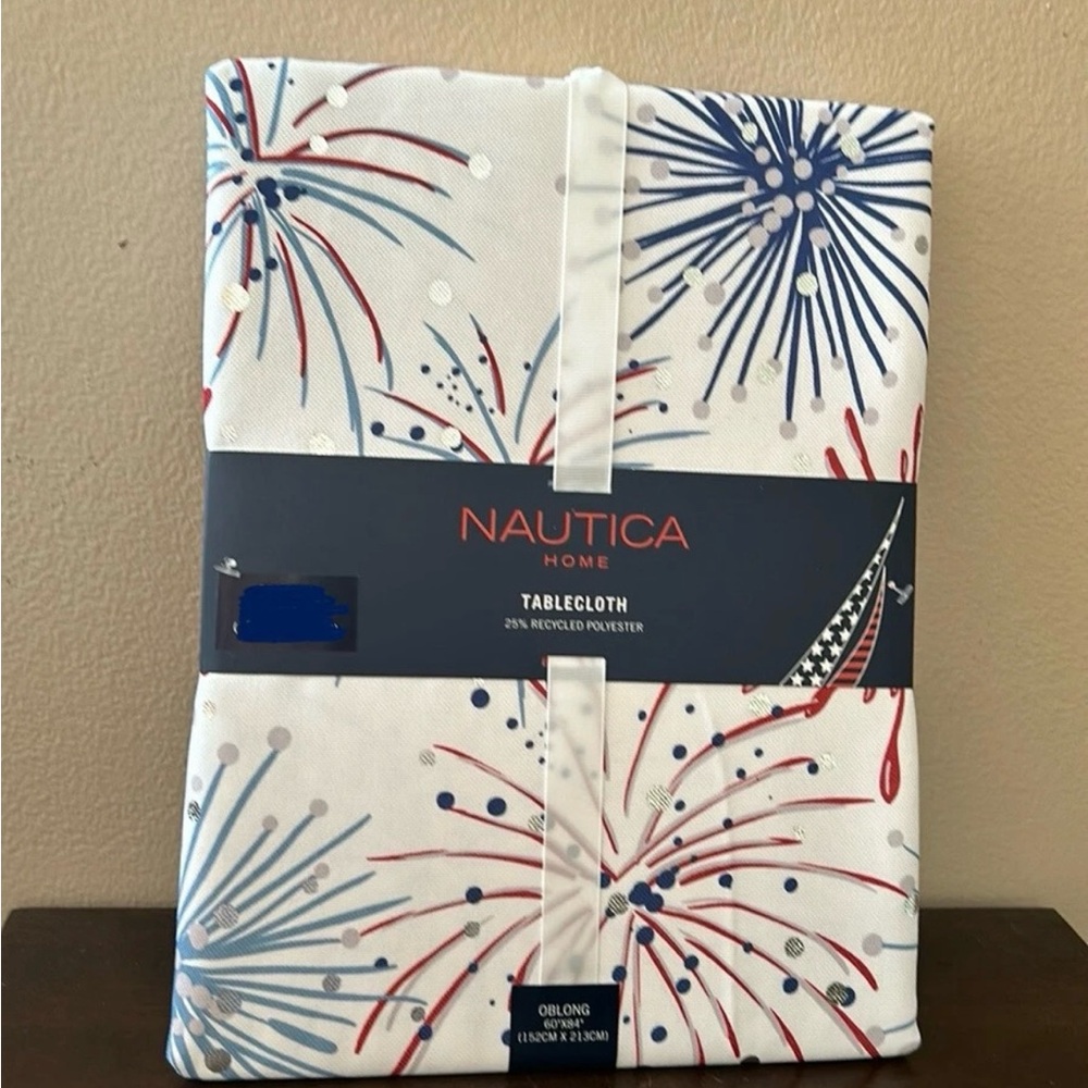 Nautica Tablecloth Americana Red White Blue 4th of July 60”x 144” Fireworks